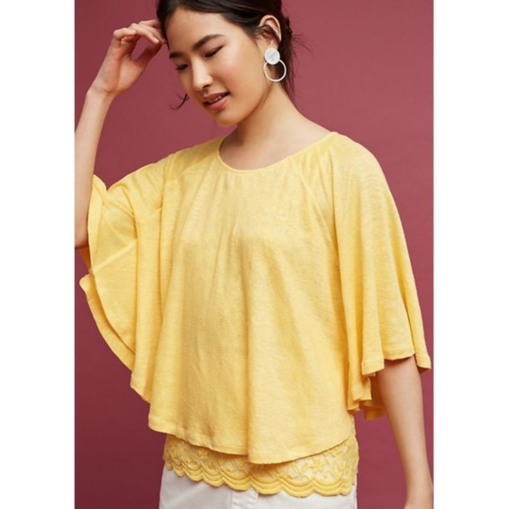 Akemi+Kin Cape Top Womens M Yellow Linen Lace Layered Boho Batwing Anthropologie